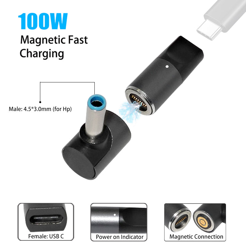 100W USB C to 4.5x3.0mm PD DC Power Adapter Converter for HP Pavilion Envy Elitebook Charging Magnetic USB C Connector