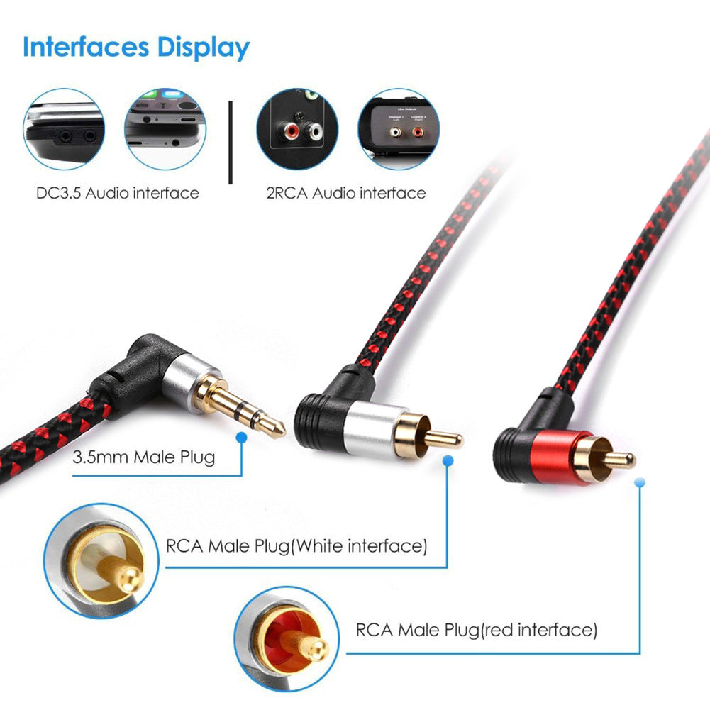 2m 3.5mm to 2 RCA Male to Male Right Angle Splitter Aux Cable for Phone Tablet Laptop