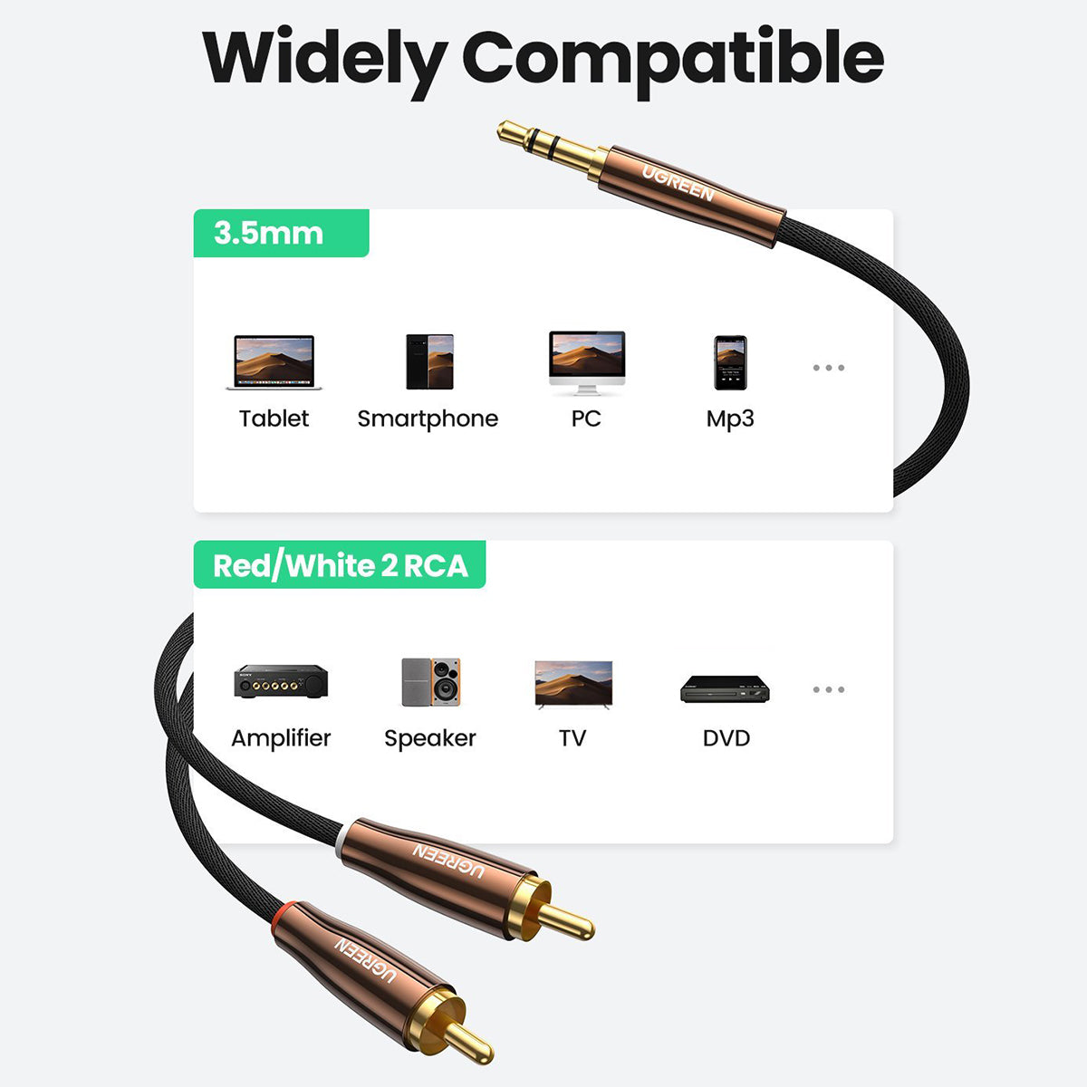 Uniqkart 80847 2-Meter RCA Y-Splitter 3.5mm to 2RCA Male Straight Reversible Audio Cable for Smartphones/Speakers/Hi-Fi Amplifier/HDTV/MP3 Players