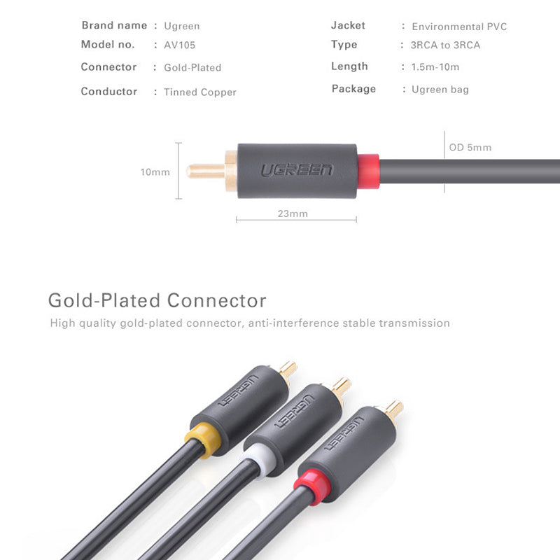 Uniqkart 10524 1.5m 3 RCA Male to 3 RCA Male Stereo Audio Cable AUX Cord
