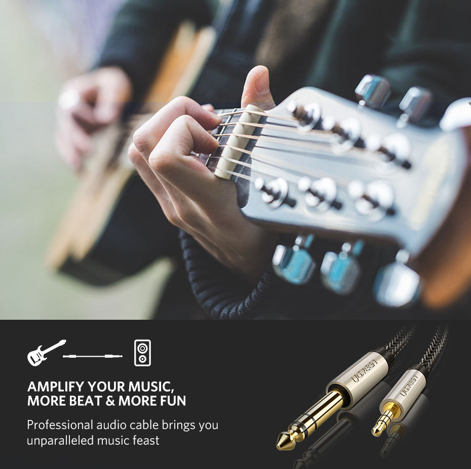 UGREEN 40802 1-Meter 3.5mm 1/8" TRS to 6.35mm 1/4" TS Nylon Braided Audio Adapter Cord for Cellphones/Amplifiers/Home Theater