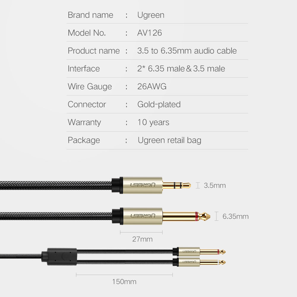 UGREEN 40793 3-Meter 3.5mm AUX 1/8" TRS Male to 2 x 6.35mm 1/4" TS Male Y-Cable Splitter for Cellphones/Amplifiers/Home Theater