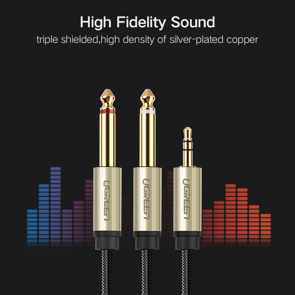 UGREEN 40794 5-Meter 3.5mm 1/8" TRS to Dual 6.35mm 1/4" TS Audio Adapter Y-Cable Splitter Cord for Cellphones/Amplifiers/Home Theater