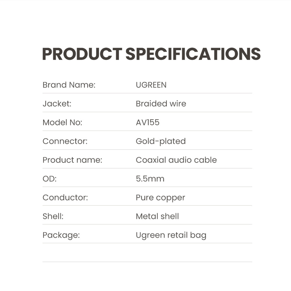 Uniqkart 3m RCA Male to Male Gold Plated Plug Digital Coaxial Audio Cable for DVD/TV/Amplifier Subwoofer Speaker