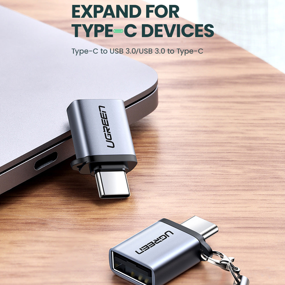 UGREEN US270 Type-C Male to USB3.0 Adapter Aluminum Shell Mini USB-C Converter with Lanyard - Grey