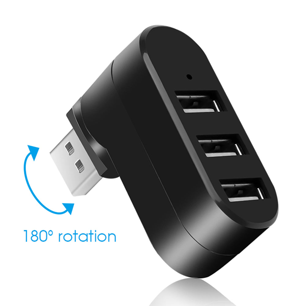 Universal Mini Rotatable 3 Port USB 3.0 Hub High Speed Data Transfer Adapter USB Expander - Black