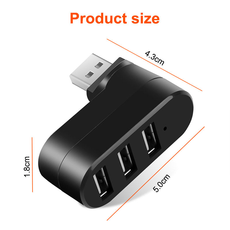 Universal Mini Rotatable 3 Port USB 3.0 Hub High Speed Data Transfer Adapter USB Expander - Black