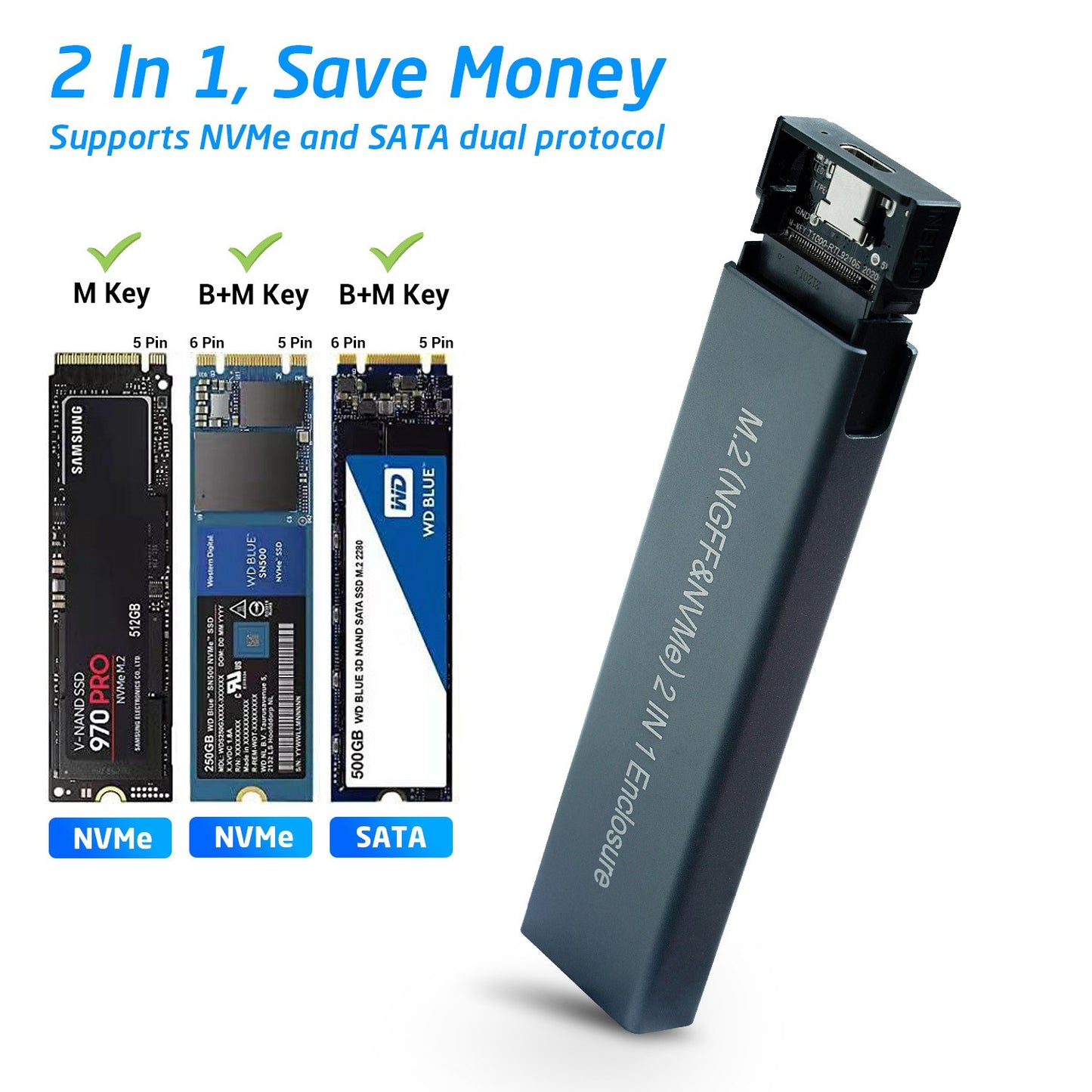 M2 SSD PCIe SATA Disk Dual Protocol NVMe NGFF M.2 SSD Enclosure USB/Type-C 10Gbps Hard Drive Enclosure Adapter - Flat Style