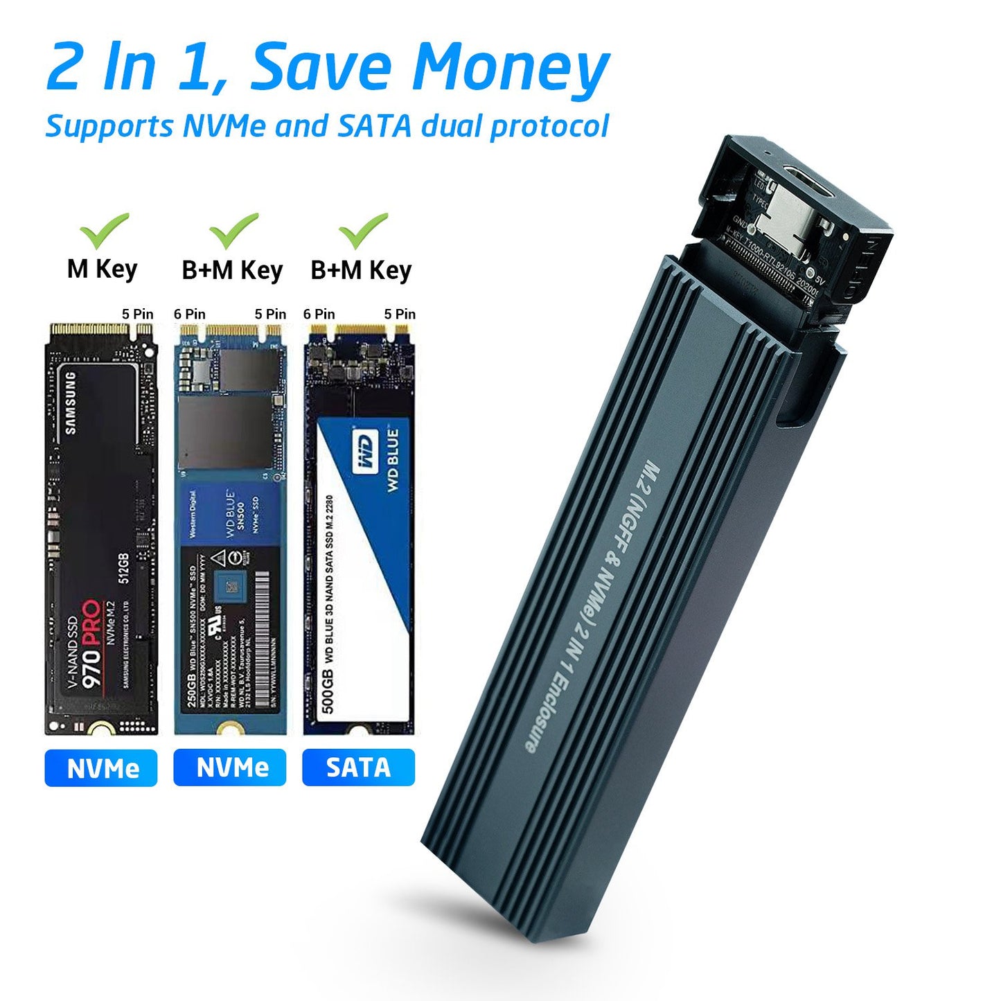 M2 SSD PCIe SATA Disk Dual Protocol NVMe NGFF M.2 SSD Enclosure USB/Type-C 10Gbps Hard Drive Enclosure Adapter - Striped Style