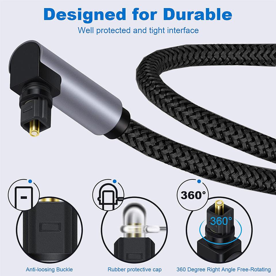 2m Elbow Toslink to Toslink Digital Fiber Optical Audio Cable Gold Plated Connector Round SPDIF Coaxial Cable