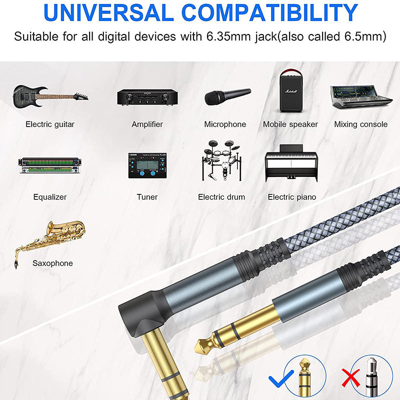 10m 6.35mm Male to Male 90 Degree Elbow 1 / 4" TRS Gold Plated Audio Cable Musical Instrument Cord
