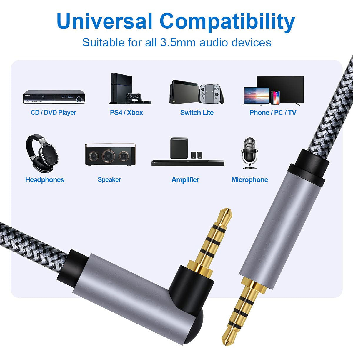 10m 3.5mm Male to Male HiFi Stereo Audio Aux Cable Right Angle TRRS Extension Cable Elbow Braided Cord