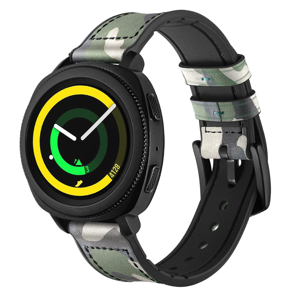 For Samsung Gear Sport (S4) Silicone Cowhide Leather Watch Strap - Green Camouflage