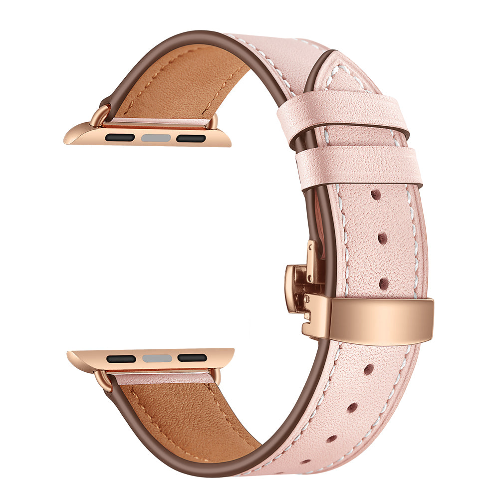 Genuine Leather Watch Replacement Strap for Apple Watch Series 8 7 41mm / Series 6 SE / SE(2022) 5 4 40mm / Series 1 2 3 38mm- Rose Gold Buckle / Pink