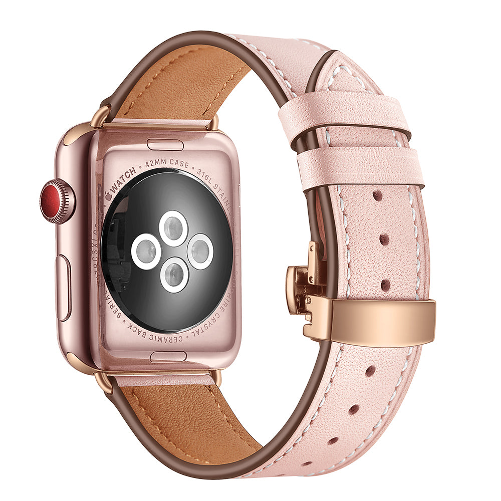 Genuine Leather Watch Replacement Strap for Apple Watch Series 8 7 41mm / Series 6 SE / SE(2022) 5 4 40mm / Series 1 2 3 38mm- Rose Gold Buckle / Pink