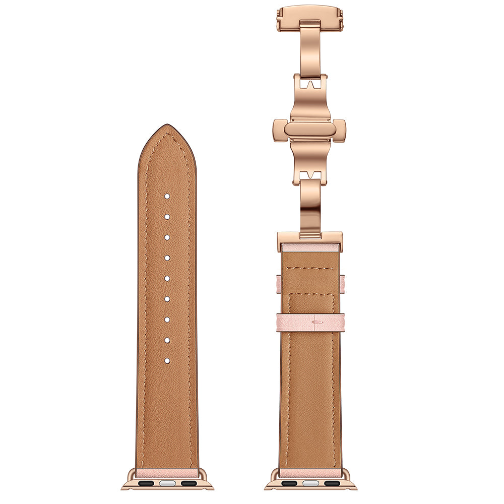 Genuine Leather Watch Replacement Strap for Apple Watch Series 8 7 41mm / Series 6 SE / SE(2022) 5 4 40mm / Series 1 2 3 38mm- Rose Gold Buckle / Pink
