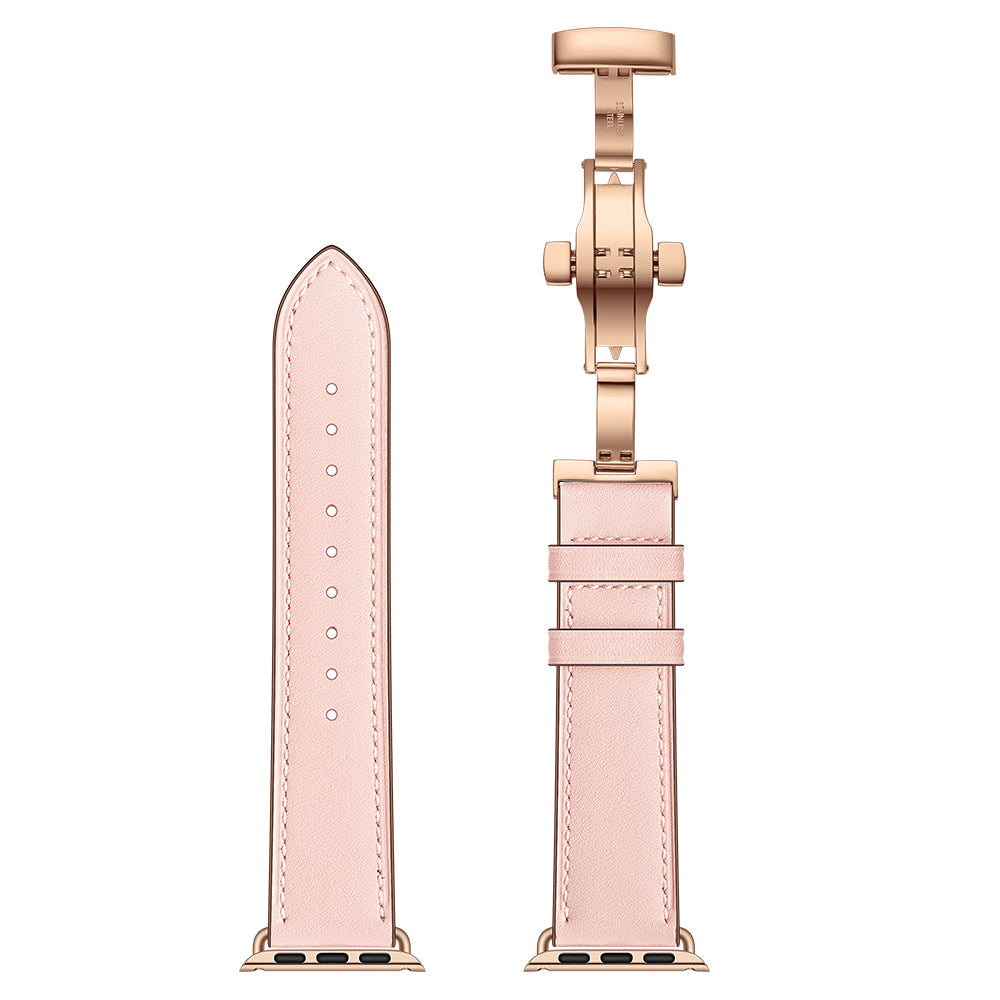 Genuine Leather Watch Replacement Strap for Apple Watch Series 8 7 41mm / Series 6 SE / SE(2022) 5 4 40mm / Series 1 2 3 38mm- Rose Gold Buckle / Pink