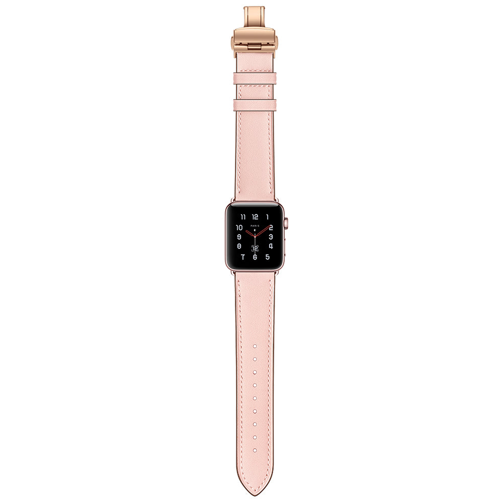 Genuine Leather Watch Replacement Strap for Apple Watch Series 8 7 41mm / Series 6 SE / SE(2022) 5 4 40mm / Series 1 2 3 38mm- Rose Gold Buckle / Pink