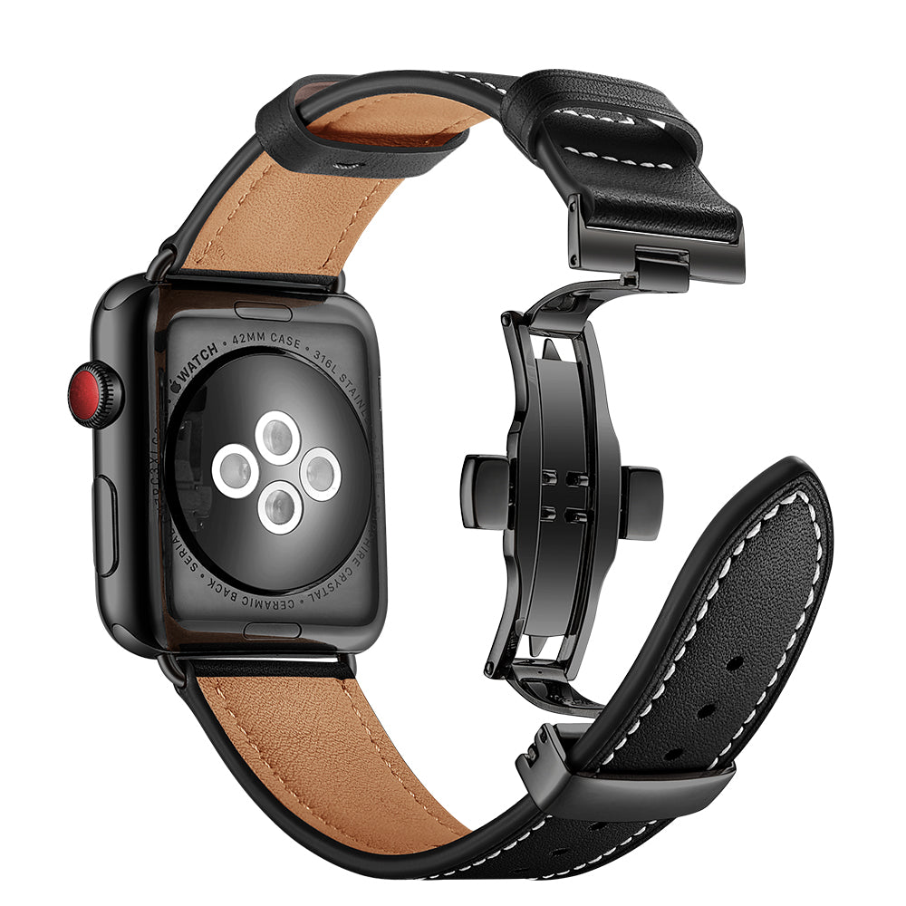 Genuine Leather Watch Replacement Strap for Apple Watch Series 8 7 41mm / Series 6 SE / SE(2022) 5 4 40mm / Series 1 2 3 38mm- Black Buckle / Black