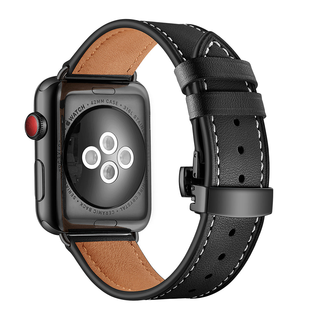 Genuine Leather Watch Replacement Strap for Apple Watch Series 8 7 41mm / Series 6 SE / SE(2022) 5 4 40mm / Series 1 2 3 38mm- Black Buckle / Black