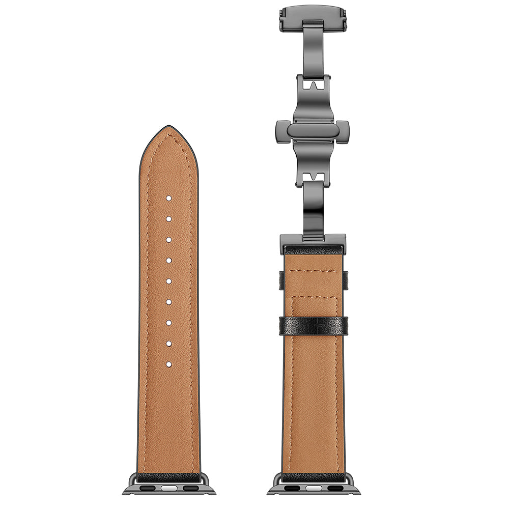 Genuine Leather Watch Replacement Strap for Apple Watch Series 8 7 41mm / Series 6 SE / SE(2022) 5 4 40mm / Series 1 2 3 38mm- Black Buckle / Black