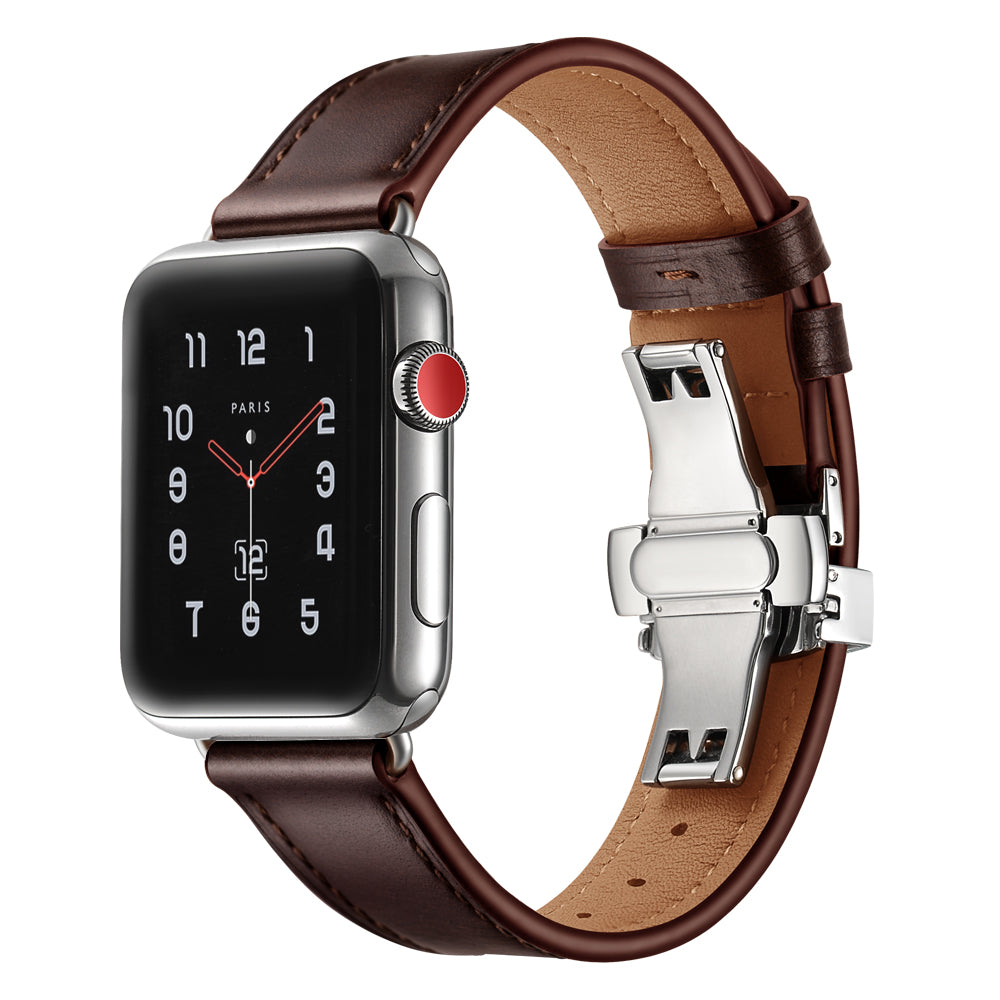 Genuine Leather Watch Band Replacement Strap for Apple Watch Series 8 45mm / Ultra 49mm / 7 45mm / Series 6 SE / SE (2022) 5 4 44mm / Series 1 2 3 42mm - Silver Buckle / Dark Brown