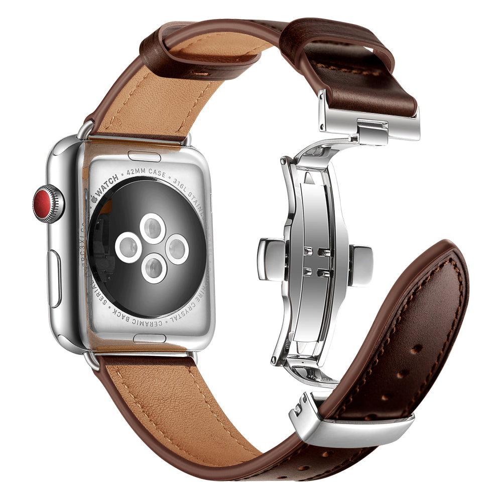 Genuine Leather Watch Band Replacement Strap for Apple Watch Series 8 45mm / Ultra 49mm / 7 45mm / Series 6 SE / SE (2022) 5 4 44mm / Series 1 2 3 42mm - Silver Buckle / Dark Brown