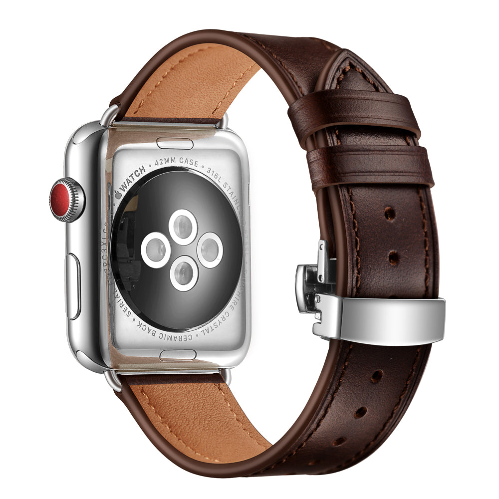 Genuine Leather Watch Band Replacement Strap for Apple Watch Series 8 45mm / Ultra 49mm / 7 45mm / Series 6 SE / SE (2022) 5 4 44mm / Series 1 2 3 42mm - Silver Buckle / Dark Brown