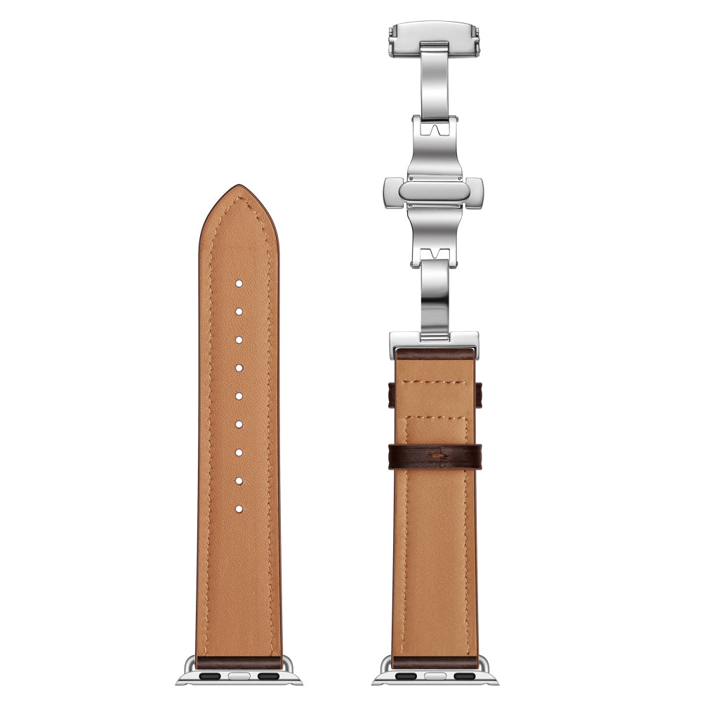 Genuine Leather Watch Band Replacement Strap for Apple Watch Series 8 45mm / Ultra 49mm / 7 45mm / Series 6 SE / SE (2022) 5 4 44mm / Series 1 2 3 42mm - Silver Buckle / Dark Brown