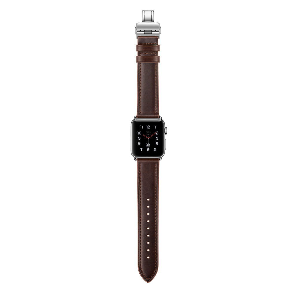 Genuine Leather Watch Band Replacement Strap for Apple Watch Series 8 45mm / Ultra 49mm / 7 45mm / Series 6 SE / SE (2022) 5 4 44mm / Series 1 2 3 42mm - Silver Buckle / Dark Brown