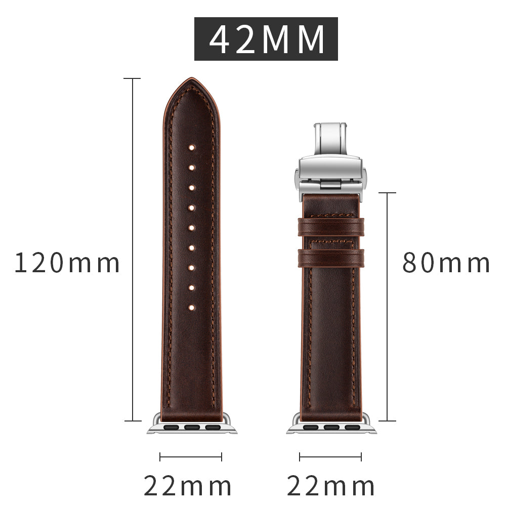 Genuine Leather Watch Band Replacement Strap for Apple Watch Series 8 45mm / Ultra 49mm / 7 45mm / Series 6 SE / SE (2022) 5 4 44mm / Series 1 2 3 42mm - Silver Buckle / Dark Brown