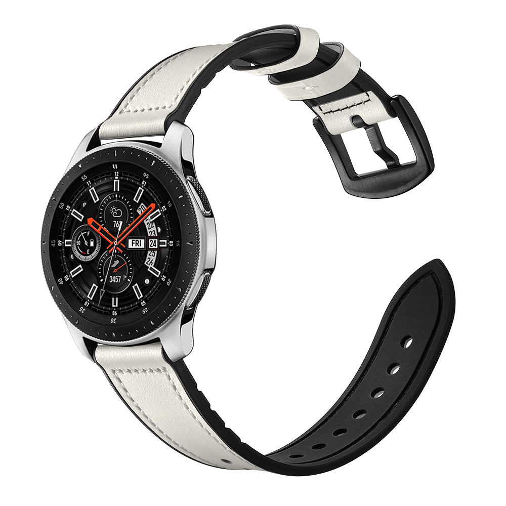 For Samsung Galaxy Watch 46mm Silicone Cowhide Leather GW-Titanium Silver 22mm Watch Band - White