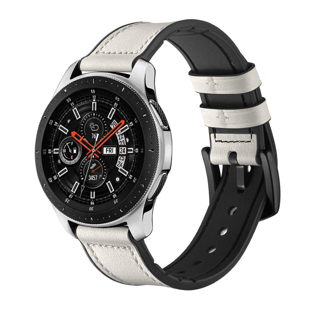 For Samsung Galaxy Watch 46mm Silicone Cowhide Leather GW-Titanium Silver 22mm Watch Band - White