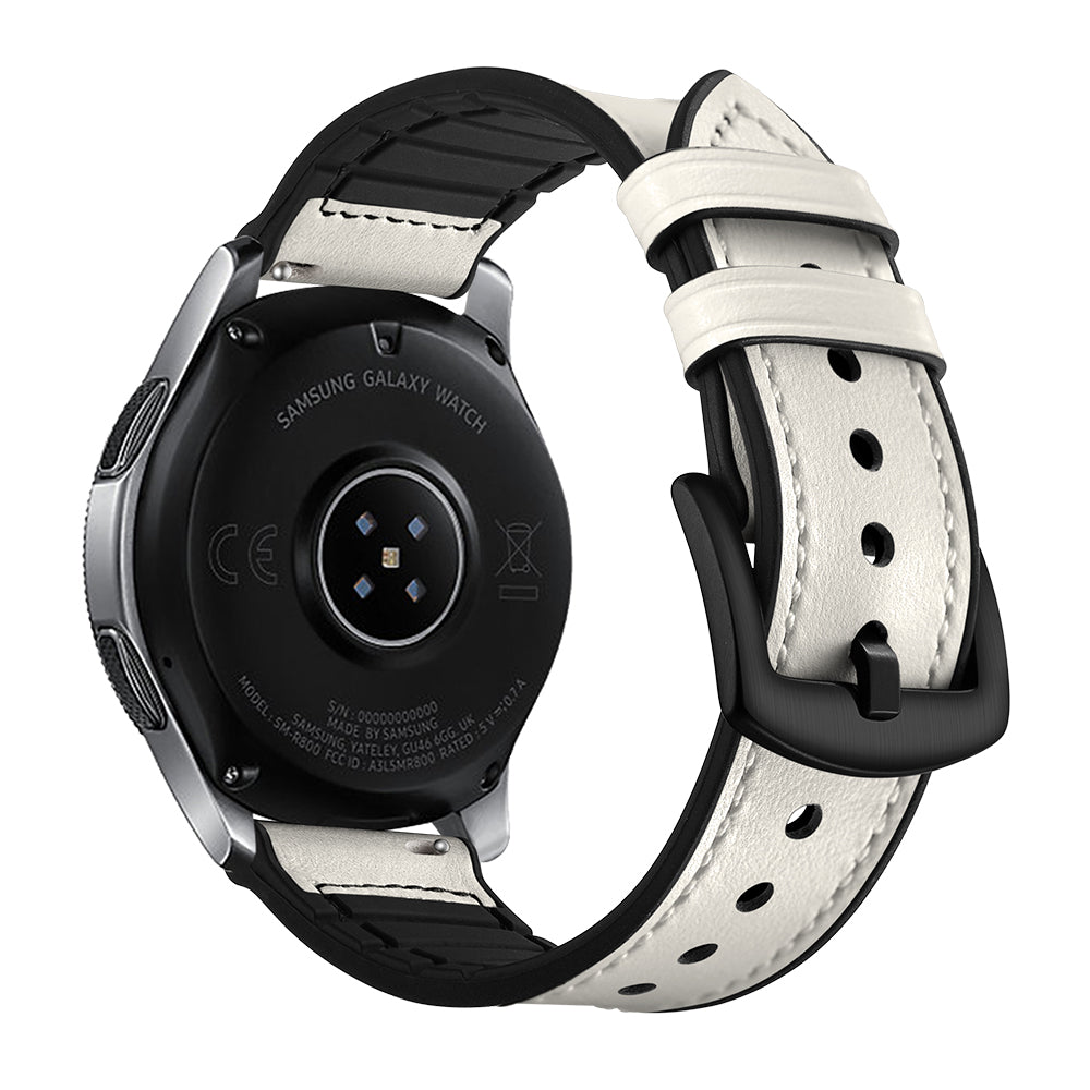 For Samsung Galaxy Watch 46mm Silicone Cowhide Leather GW-Titanium Silver 22mm Watch Band - White