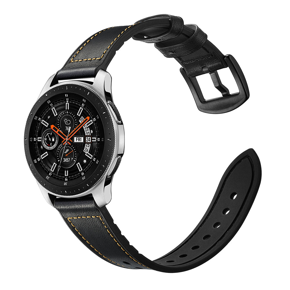 Uniqkart for Samsung Galaxy Watch 46mm Silicone Cowhide Leather GW-Titanium Silver 22mm Watch Band - Black