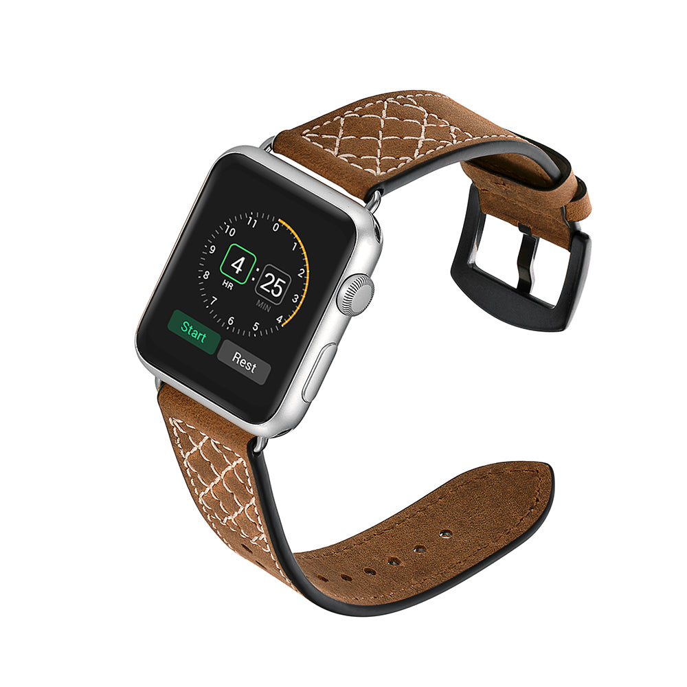 Grid Style Crazy Horse Skin Genuine Leather Smart Watch Strap for Apple Watch Series 8 45mm / Ultra 49mm / 7 45mm / SE / SE (2022) / Series 6 / 5 / 4 44mm / Series 3 / 2 / 1 42mm