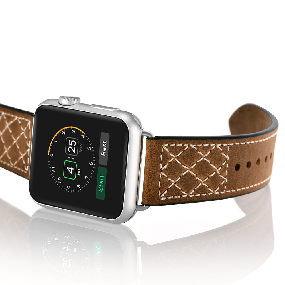 Grid Style Crazy Horse Skin Genuine Leather Smart Watch Strap for Apple Watch Series 8 45mm / Ultra 49mm / 7 45mm / SE / SE (2022) / Series 6 / 5 / 4 44mm / Series 3 / 2 / 1 42mm