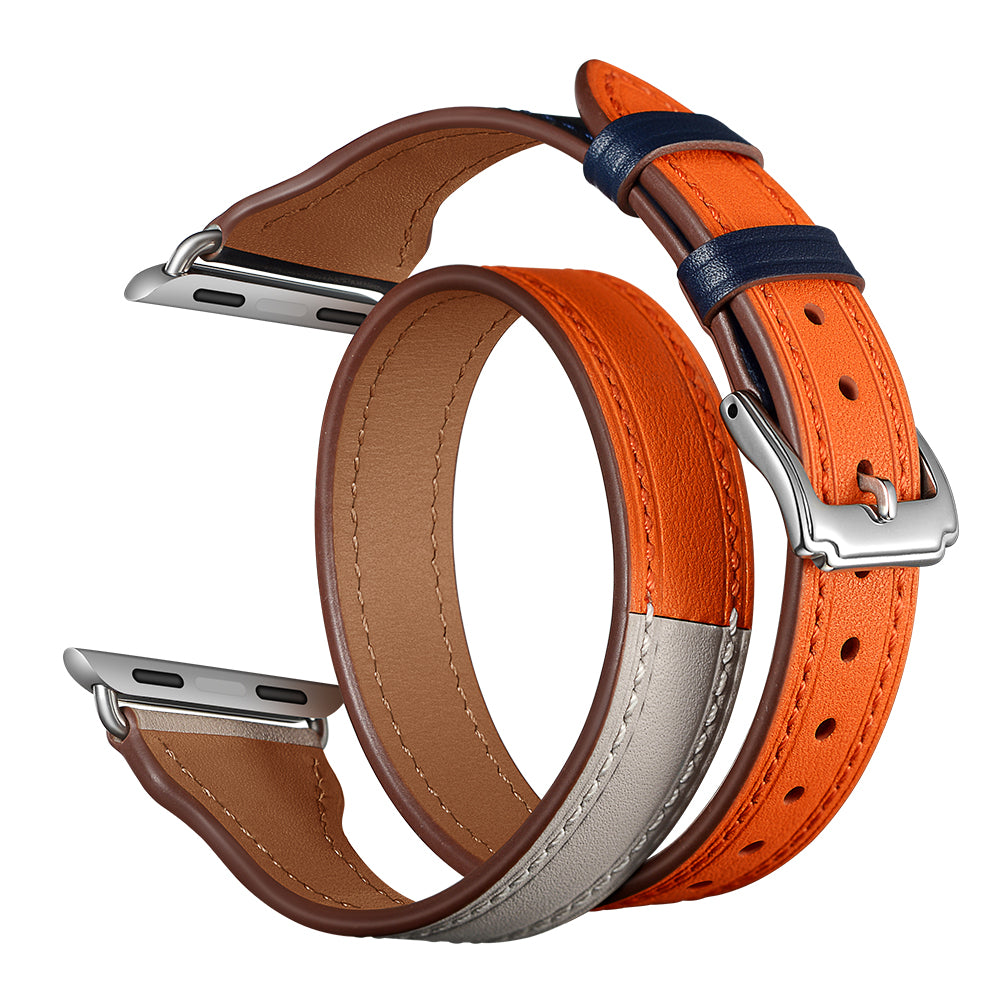 Bi-colored Dual-circle Design Genuine Leather Replacement Watch Strap for Apple Watch Series 8 45mm / Ultra 49mm / 7 45mm / 1 / 2 / 3 42mm / Series 6 / SE / SE (2022) / 5 4 44mm - Orange+Dark Blue+White