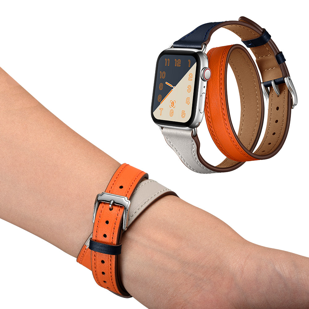 Bi-colored Dual-circle Design Genuine Leather Replacement Watch Strap for Apple Watch Series 8 45mm / Ultra 49mm / 7 45mm / 1 / 2 / 3 42mm / Series 6 / SE / SE (2022) / 5 4 44mm - Orange+Dark Blue+White