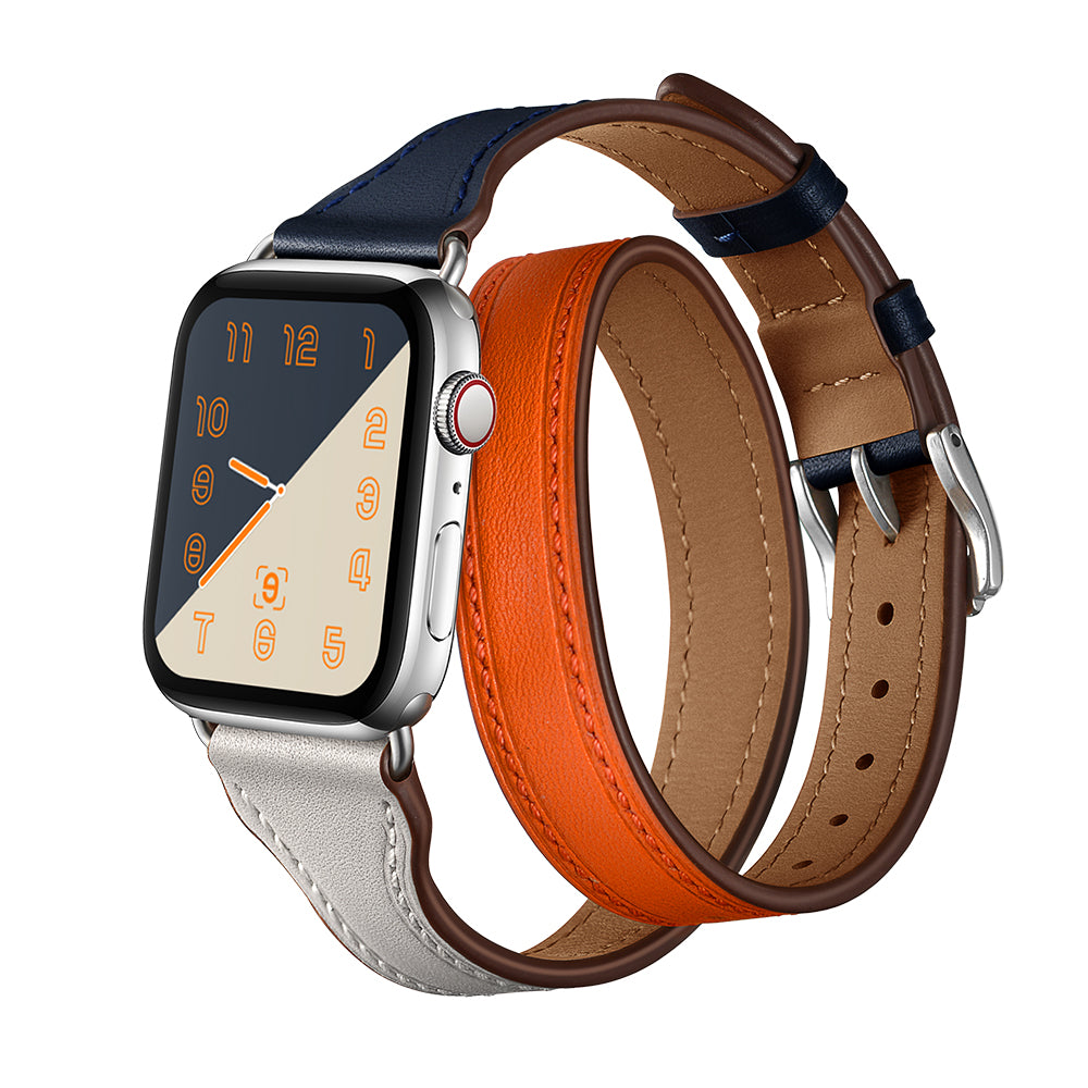 Bi-colored Dual-circle Design Genuine Leather Replacement Watch Strap for Apple Watch Series 8 45mm / Ultra 49mm / 7 45mm / 1 / 2 / 3 42mm / Series 6 / SE / SE (2022) / 5 4 44mm - Orange+Dark Blue+White