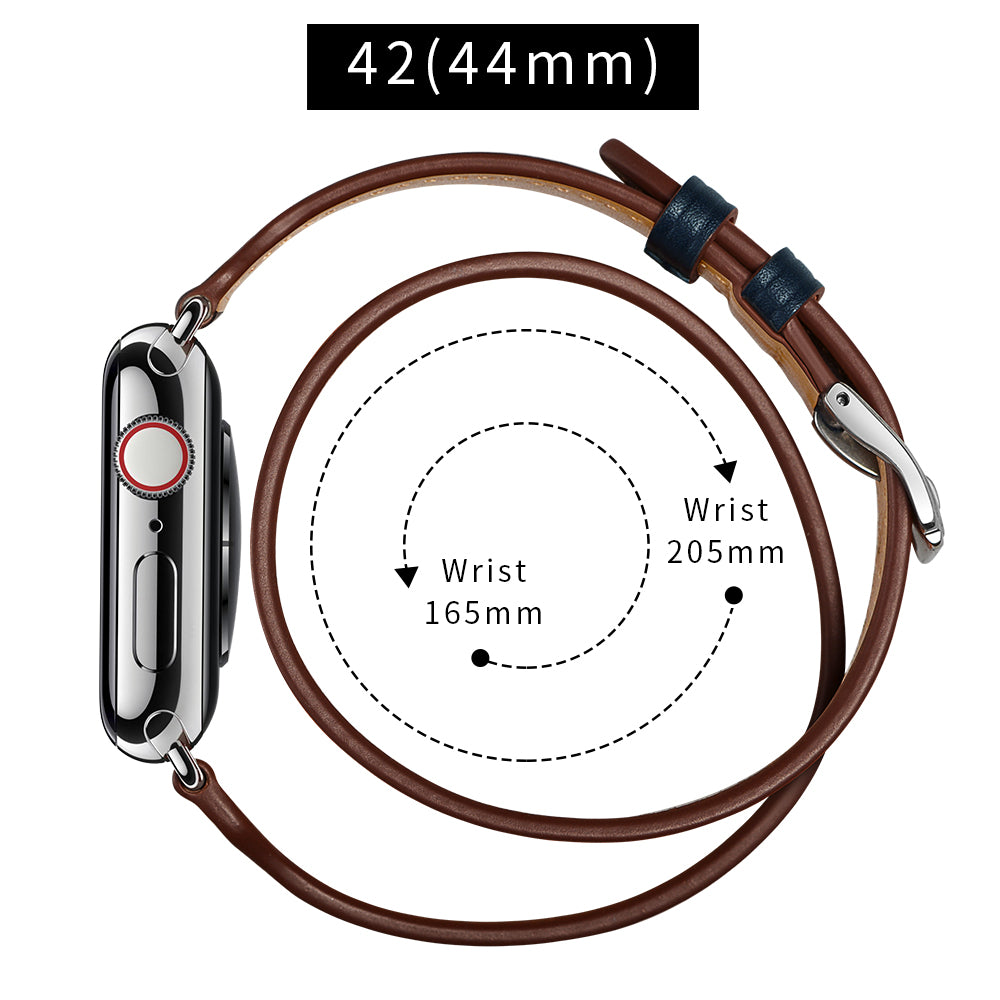 Bi-colored Dual-circle Design Genuine Leather Replacement Watch Strap for Apple Watch Series 8 45mm / Ultra 49mm / 7 45mm / 1 / 2 / 3 42mm / Series 6 / SE / SE (2022) / 5 4 44mm - Orange+Dark Blue+White