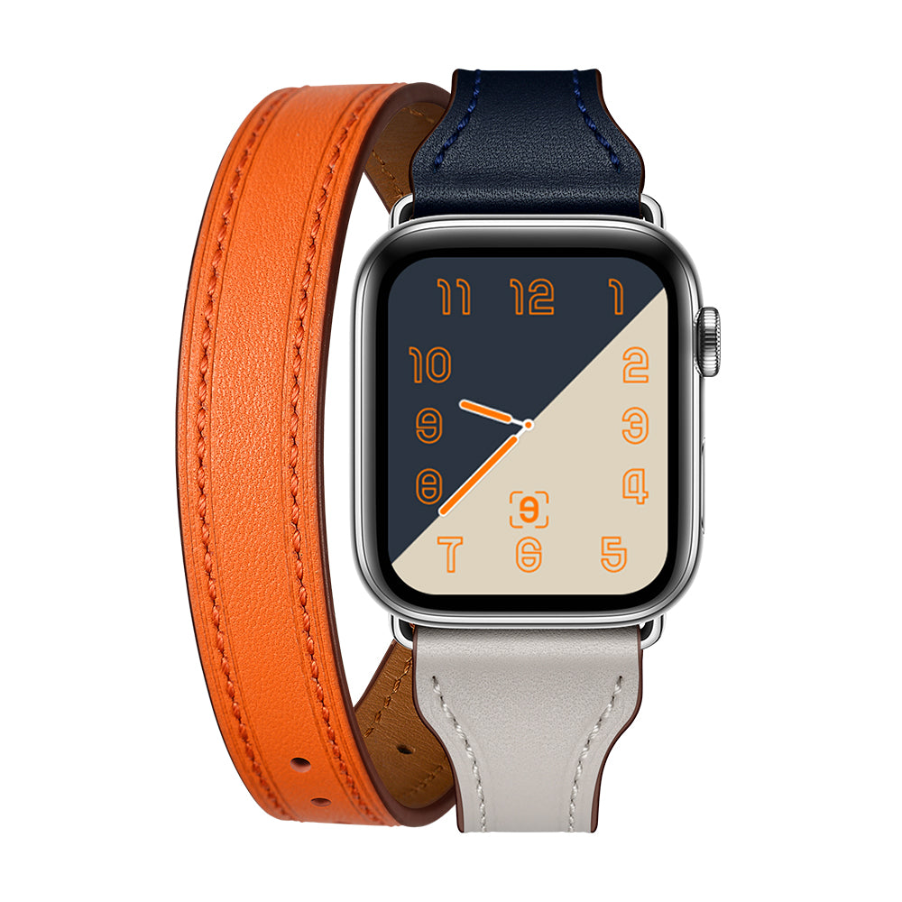 Bi-colored Dual-circle Design Genuine Leather Replacement Watch Strap for Apple Watch Series 8 45mm / Ultra 49mm / 7 45mm / 1 / 2 / 3 42mm / Series 6 / SE / SE (2022) / 5 4 44mm - Orange+Dark Blue+White