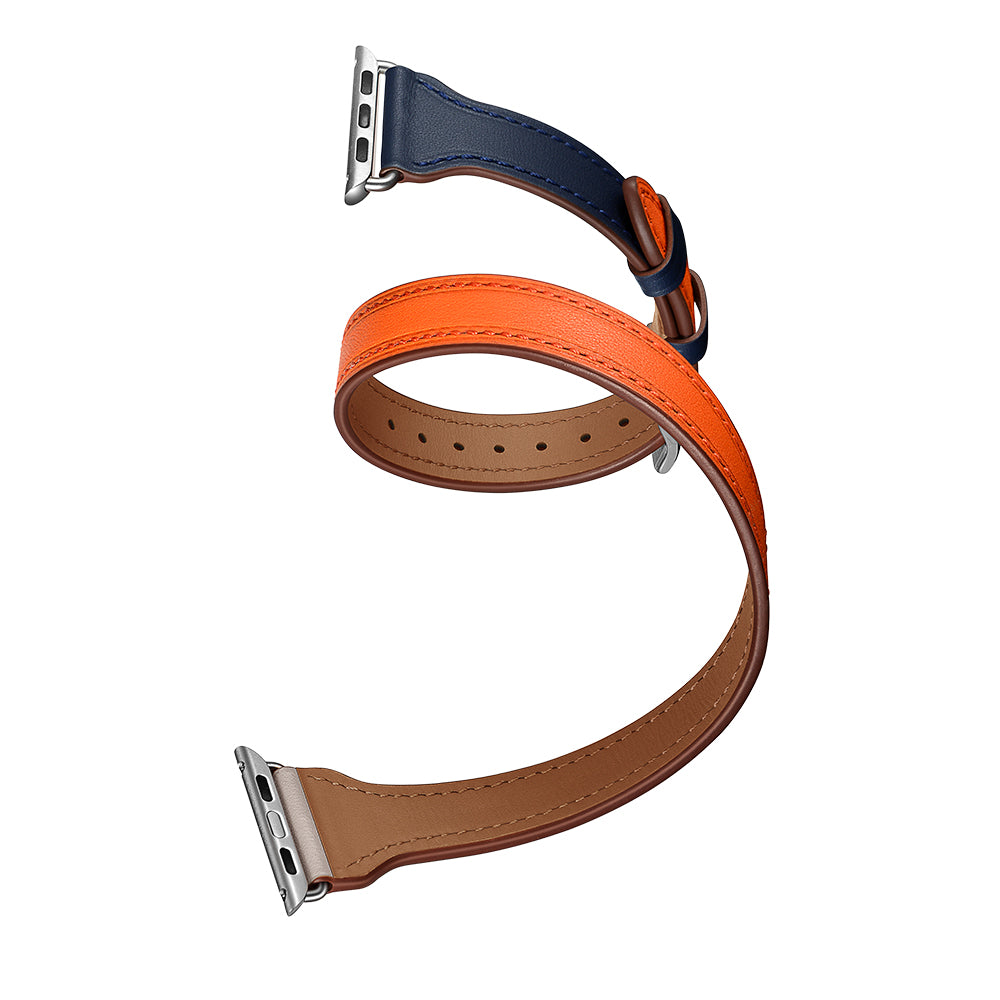 Bi-colored Dual-circle Design Genuine Leather Replacement Watch Strap for Apple Watch Series 8 45mm / Ultra 49mm / 7 45mm / 1 / 2 / 3 42mm / Series 6 / SE / SE (2022) / 5 4 44mm - Orange+Dark Blue+White
