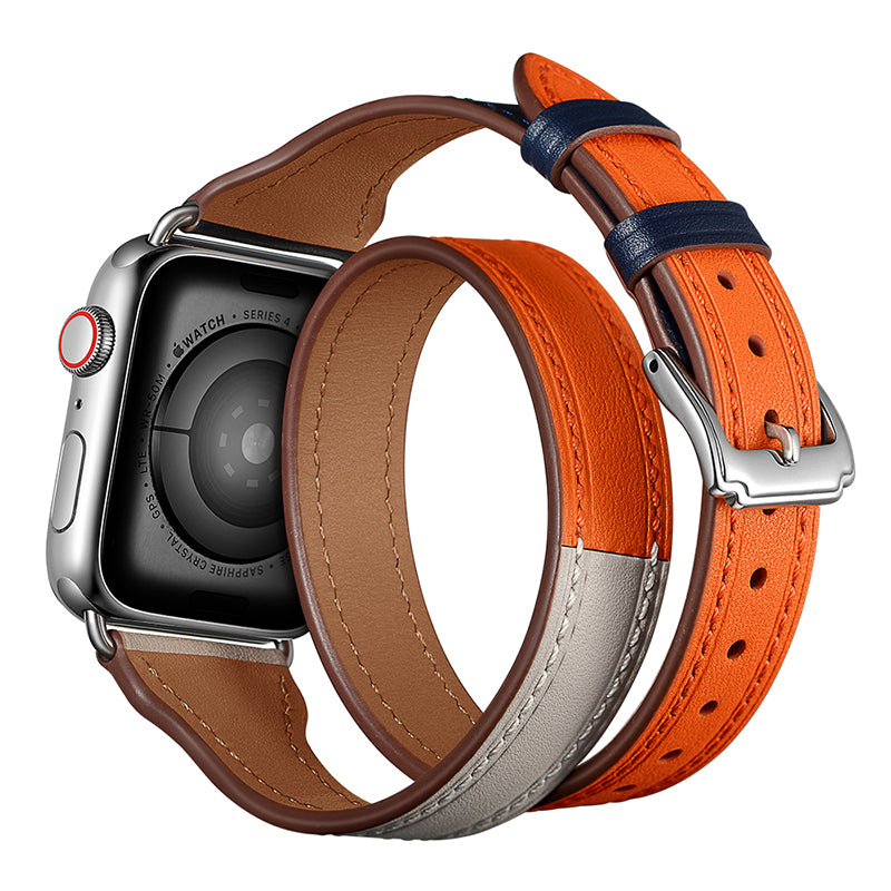 Bi-colored Dual-circle Design Genuine Leather Replacement Watch Strap for Apple Watch Series 8 45mm / Ultra 49mm / 7 45mm / 1 / 2 / 3 42mm / Series 6 / SE / SE (2022) / 5 4 44mm - Orange+Dark Blue+White