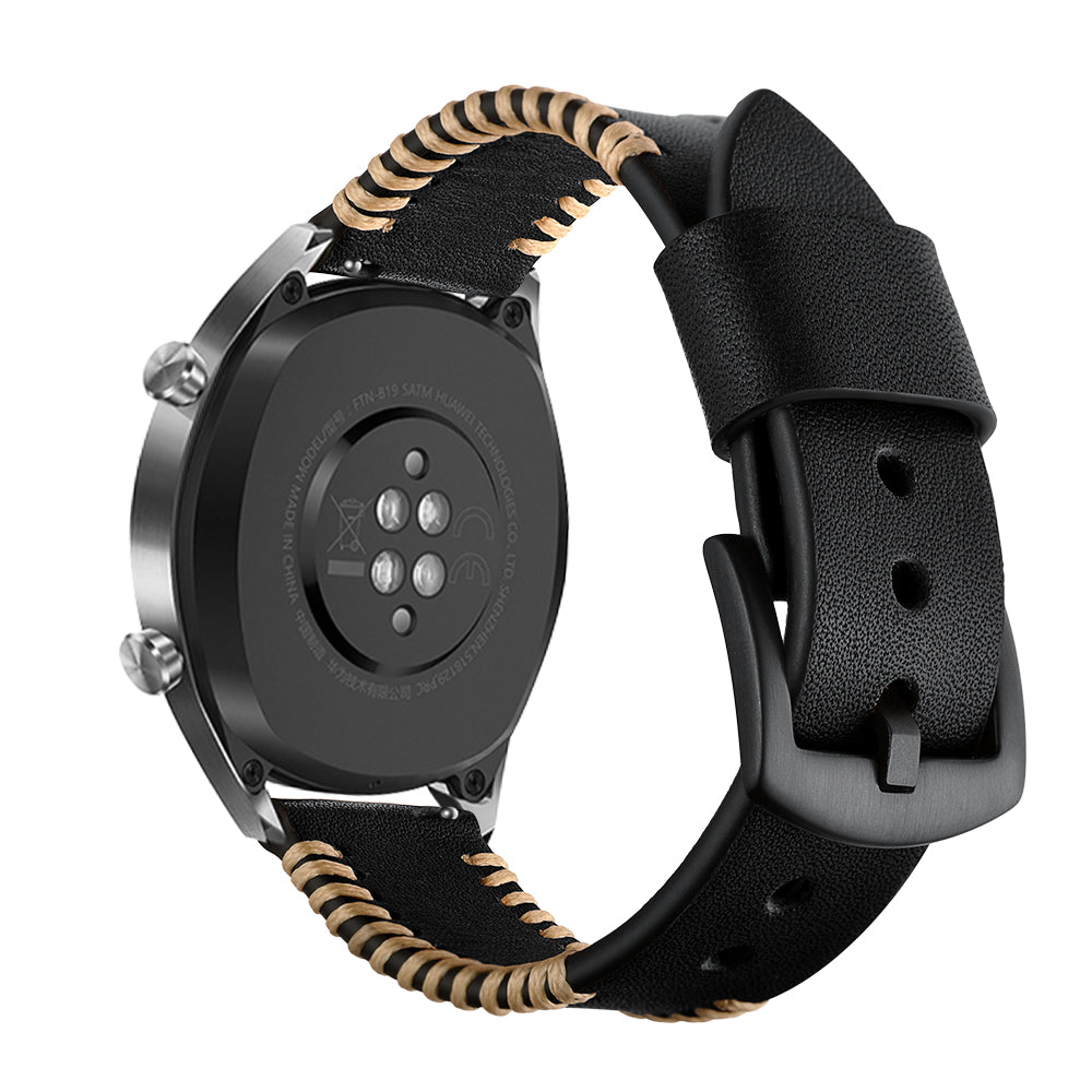 22mm Ribs Style Genuine Leather Watch Strap for Huawei Watch GT / GT 2 46mm / Honor Magic - Black