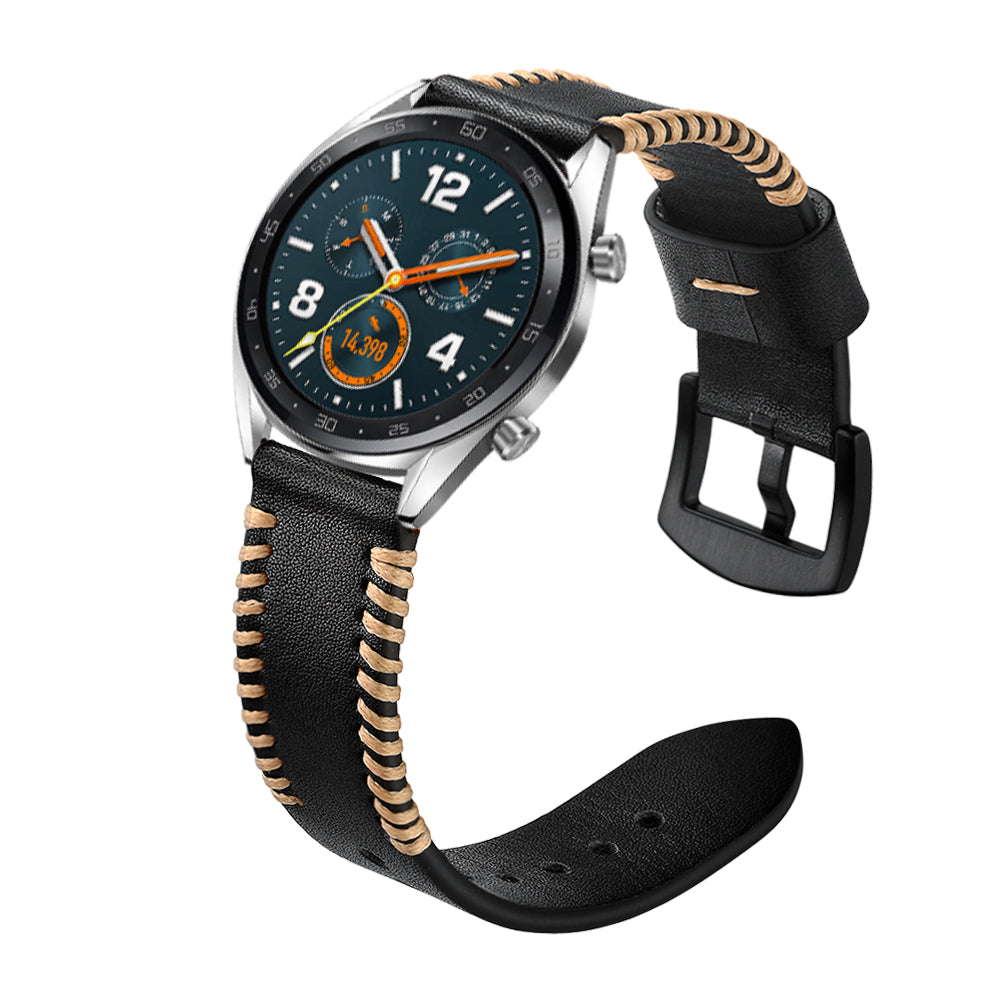 22mm Ribs Style Genuine Leather Watch Strap for Huawei Watch GT / GT 2 46mm / Honor Magic - Black
