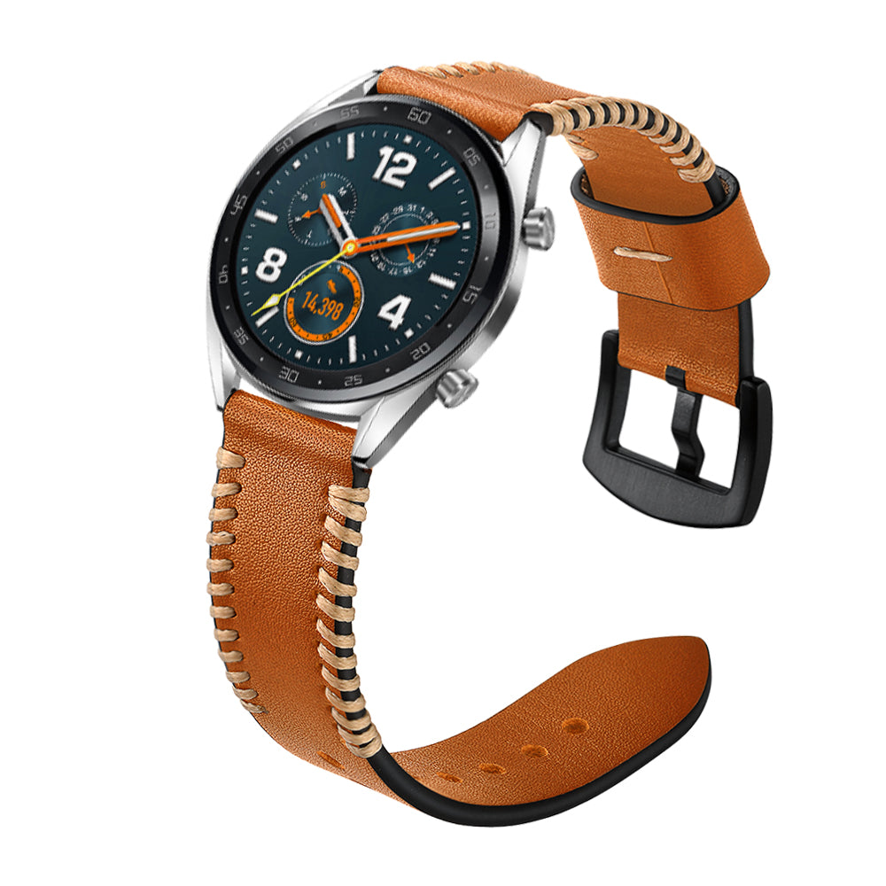 22mm Ribs Style Genuine Leather Watch Strap for Huawei Watch GT / GT 2 46mm / Honor Magic - Brown