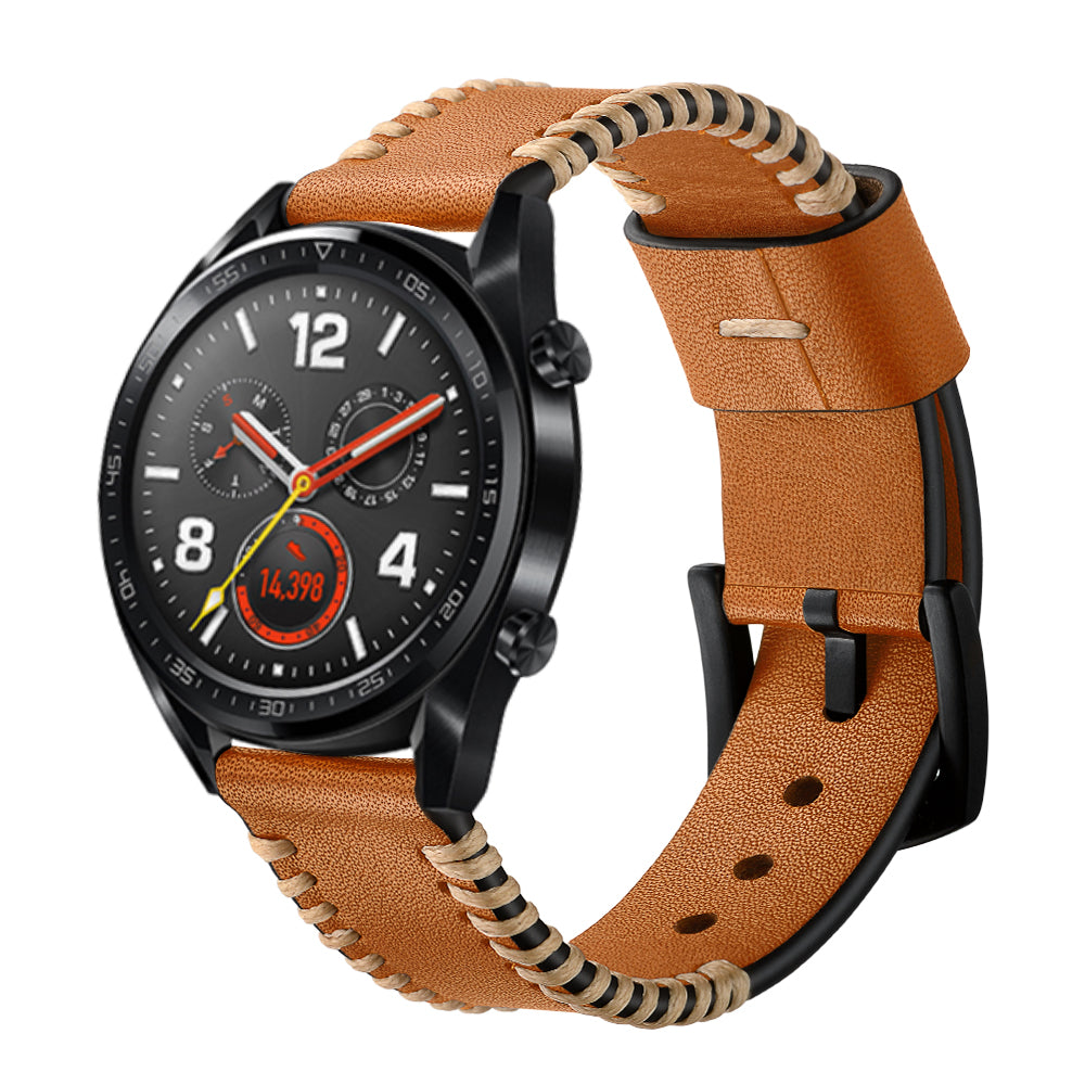 22mm Ribs Style Genuine Leather Watch Strap for Huawei Watch GT / GT 2 46mm / Honor Magic - Brown