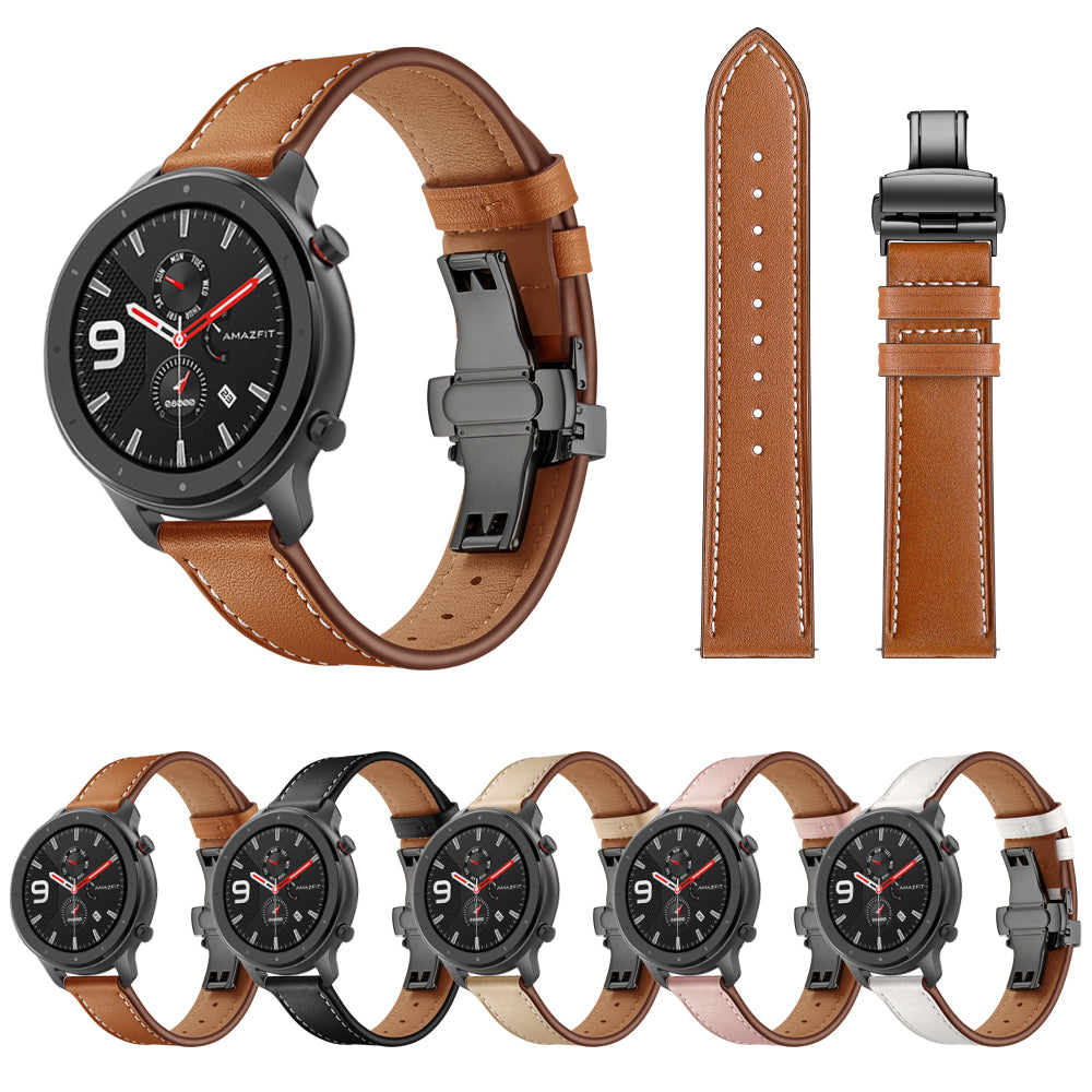 Genuine Leather Watch Band 22mm for Huami Amazfit GTR 47mm - Black Butterfly Buckle / Brown