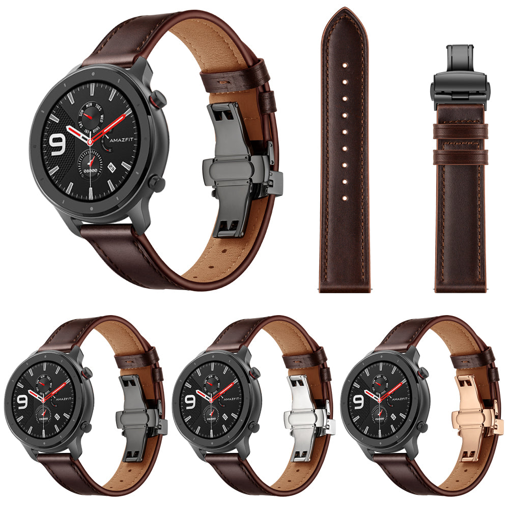 Genuine Leather Watch Band 22mm for Huami Amazfit GTR 47mm - Black Butterfly Buckle / Coffee